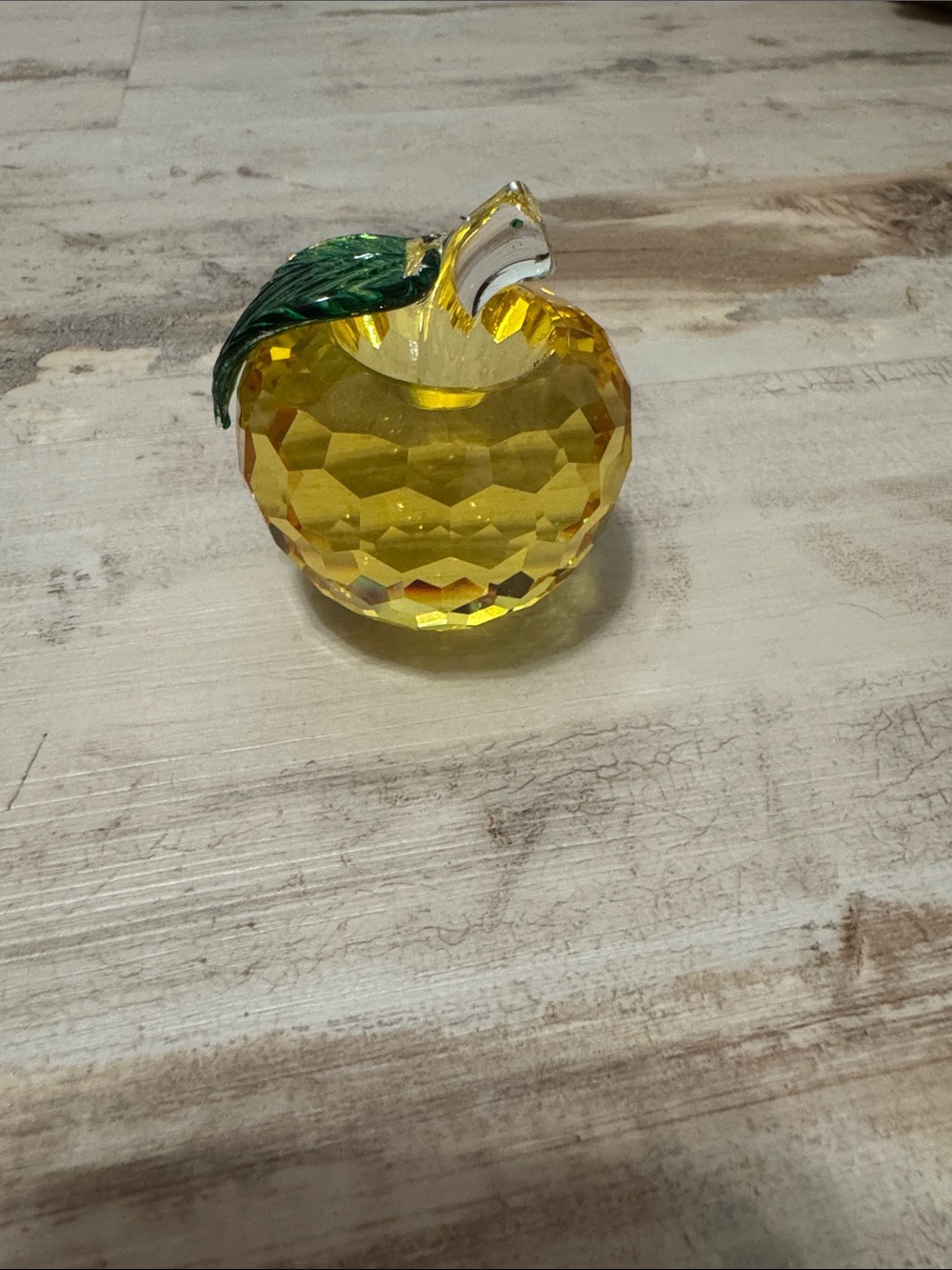Faceted Yellow Glass Apple Decorative paper weight with Green Leaf